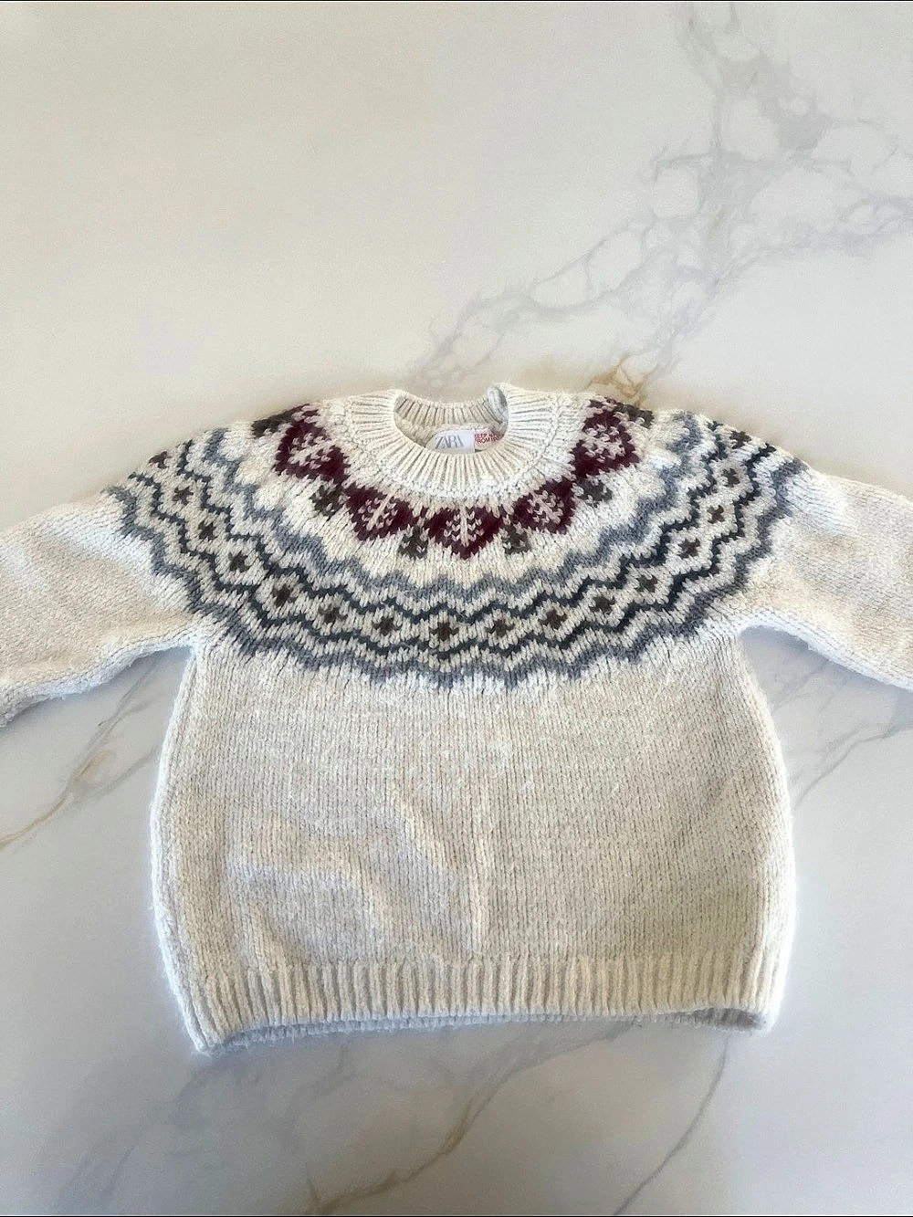 Zara Kids Geometric Crewneck Sweater in Cream & Gray and Maroon